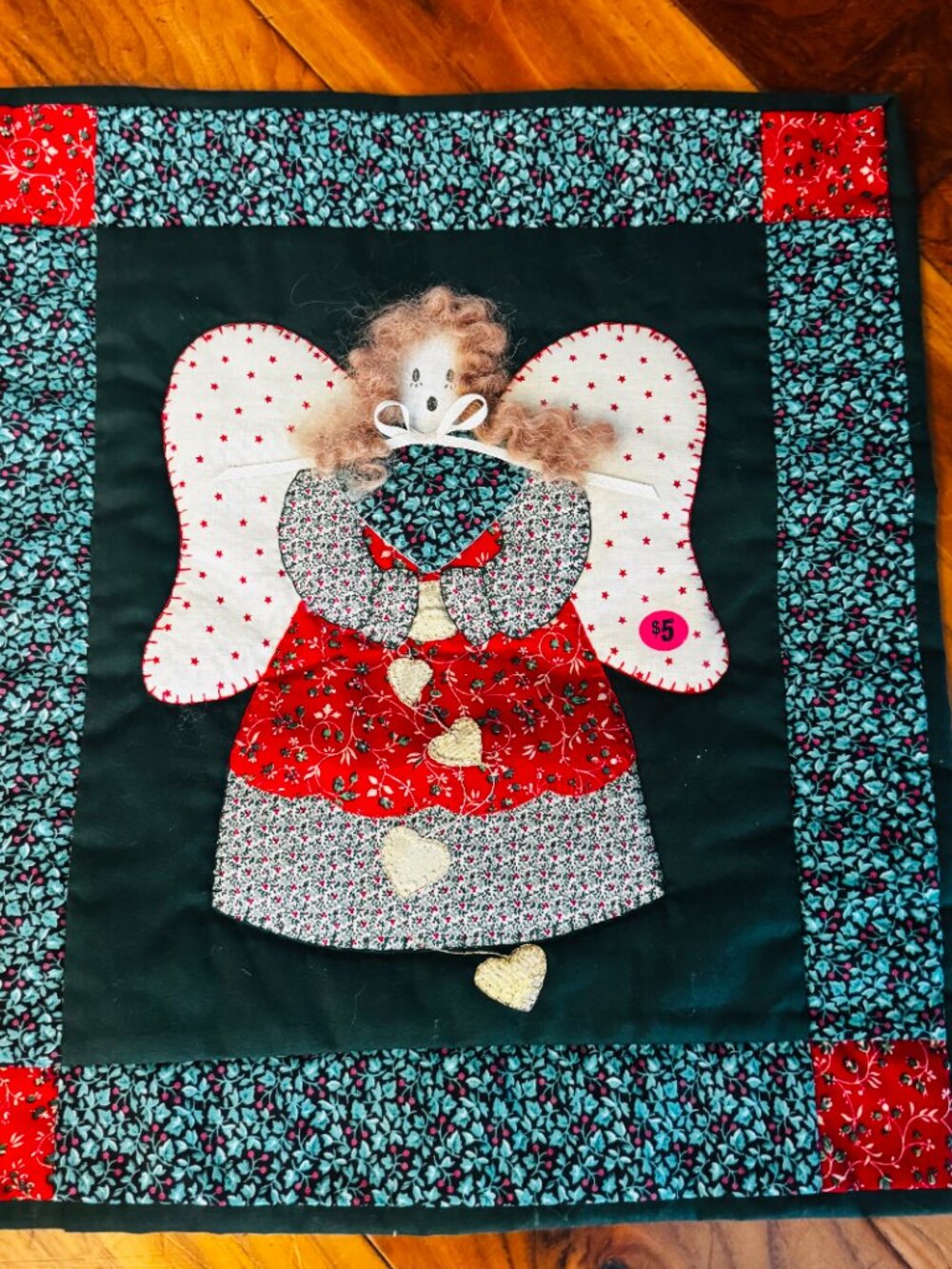 Vtg 1992 Little Angel 14x16" Wall Hanging Quilt Hair Golden Hearts